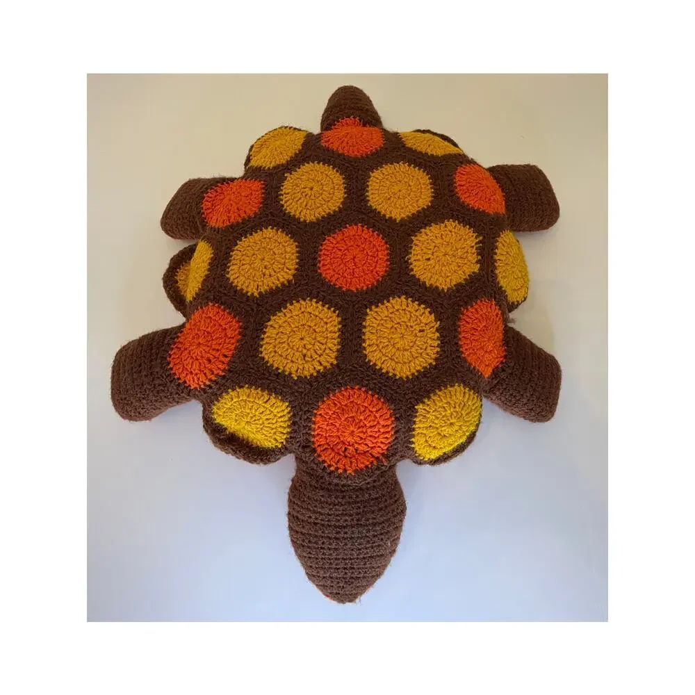 Vintage Handmade Crochet Turtle Pillow Plush Orange Brown Retro Boho Decor